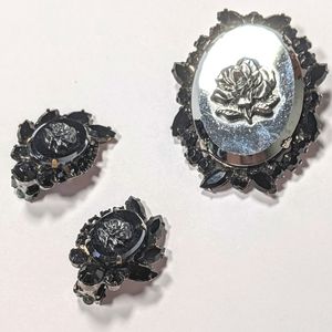 Vintage Black Rose Faux Cameo Earring Brooch Set